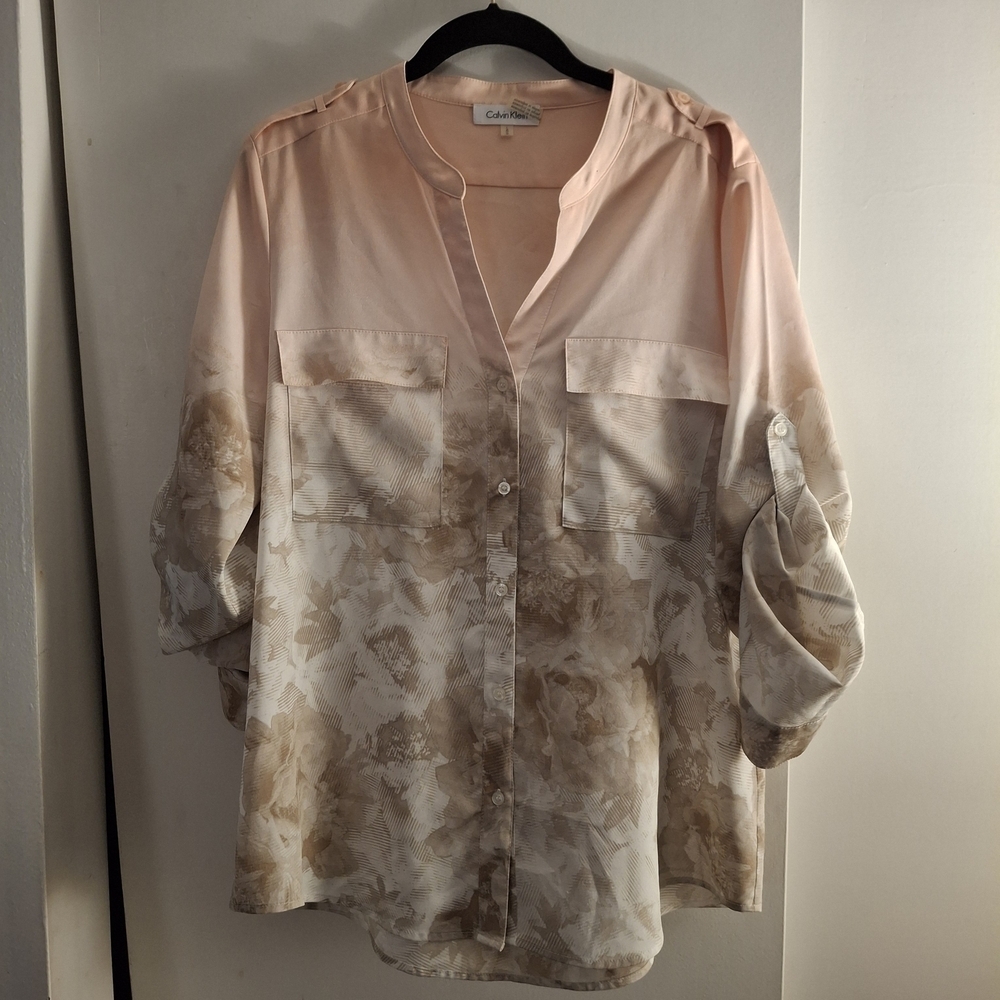 Calvin Klein Women's Pink and Cream Long Sleeve Floral Top